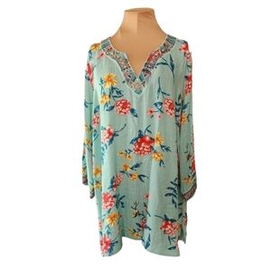 Belle by Kim Gravel Floral Embroidered Boho Tunic Top Plus 1X Aqua Rayon